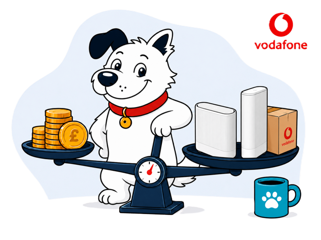The fibredog mascot – a dog – standing over a set of scales, weighing a stack of coins against vodafone broadband routers and equipment, representing value for money.