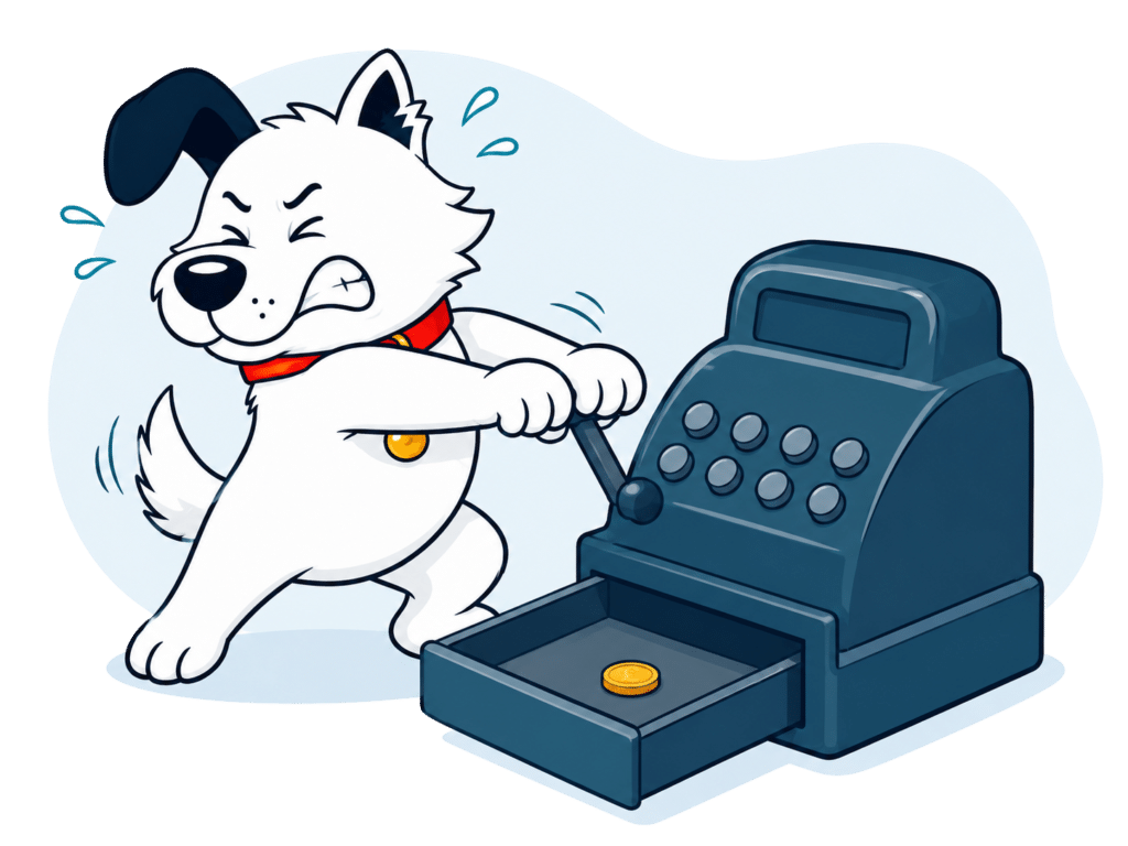 the fibredog site mascot dog wrenching open cash till to find one gold coin, to denote how we make our money