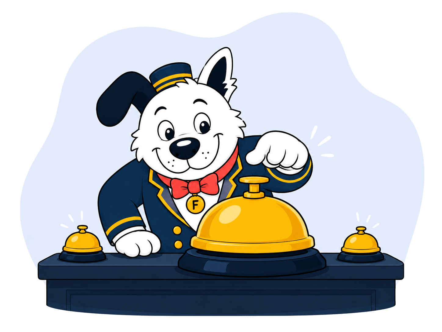 The fibredog mascot dog as a bellhop, pressing a bell for service to denote customer service