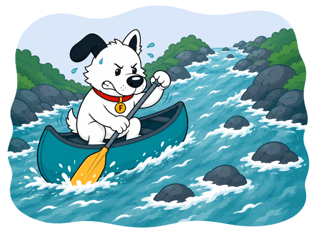 mascot dog paddling upstream
