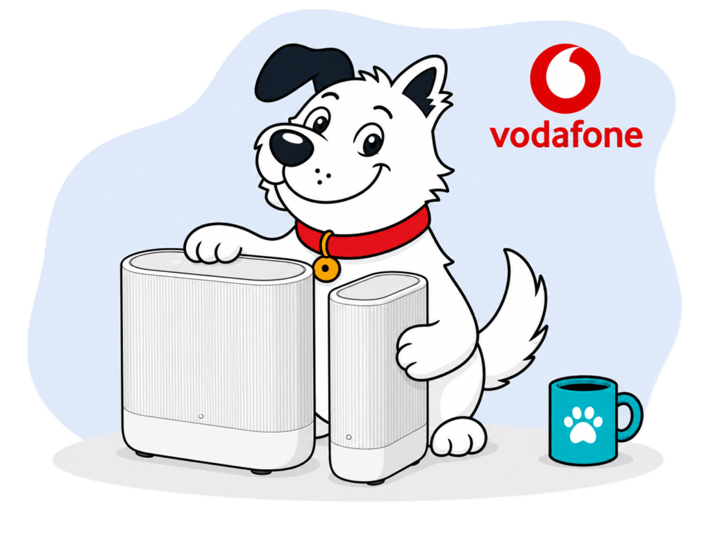 The fibredog mascot dog with the vodafone power hub and ultra hub 7