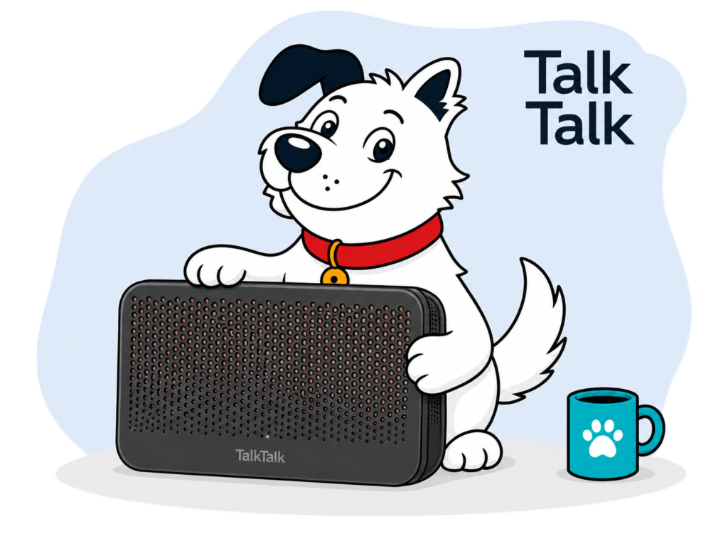 the fibredog mascot dog with talktalk's Hub 3 router