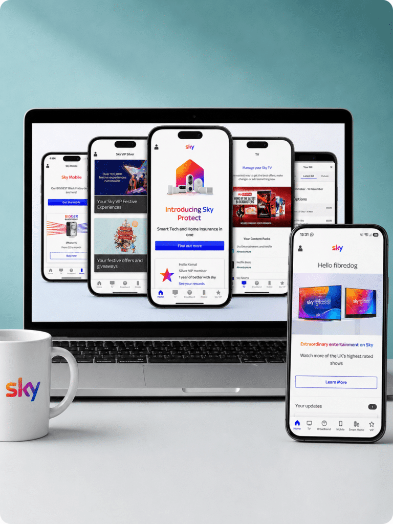 The My Sky app pictured on a laptop and mobile, saying 'hello fibredog'