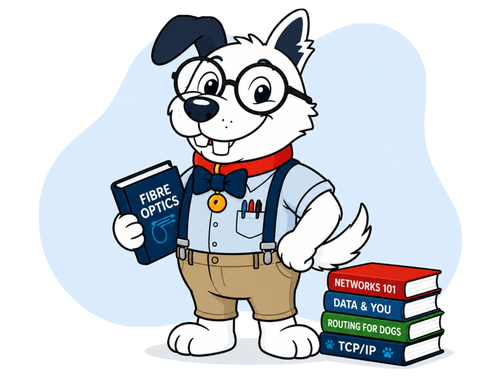 Illustration of Fibo wearing glasses, holding a calculator and standing beside a stack of books