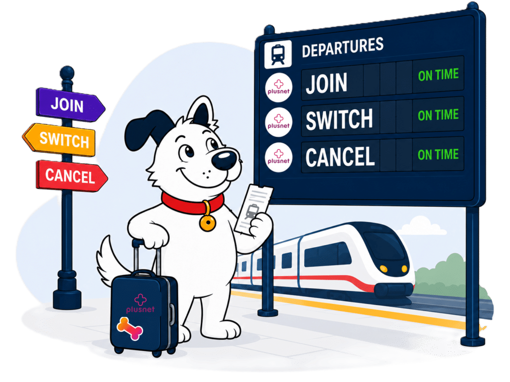 The fibredog mascot dog standing at at train section looking at a sign deciding whether to join plusnet broadband, cancel, or switch to plusnet broadband