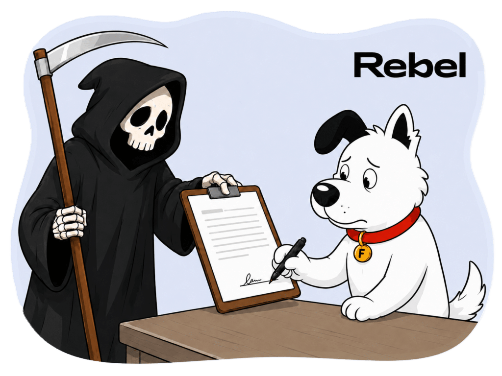 The fibredog mascot dog signing an Rebel Internet contract held out by the grim reaper, denoting that signing without reading all Rebel Internet contracts and small print terms can be risky