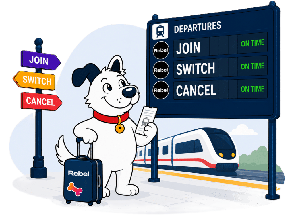 The fibredog mascot dog standing at at train section looking at a sign deciding whether to join rebel internet, cancel, or switch to rebel internet