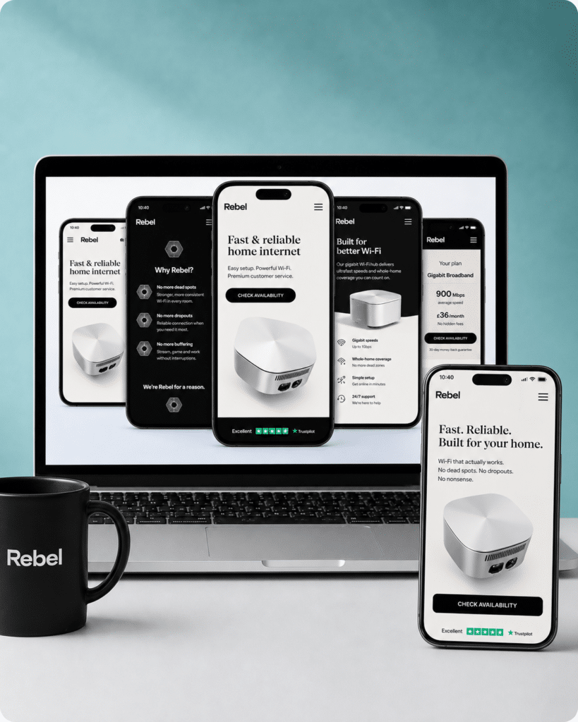 A mug, laptop and phone all displaying rebel internet
