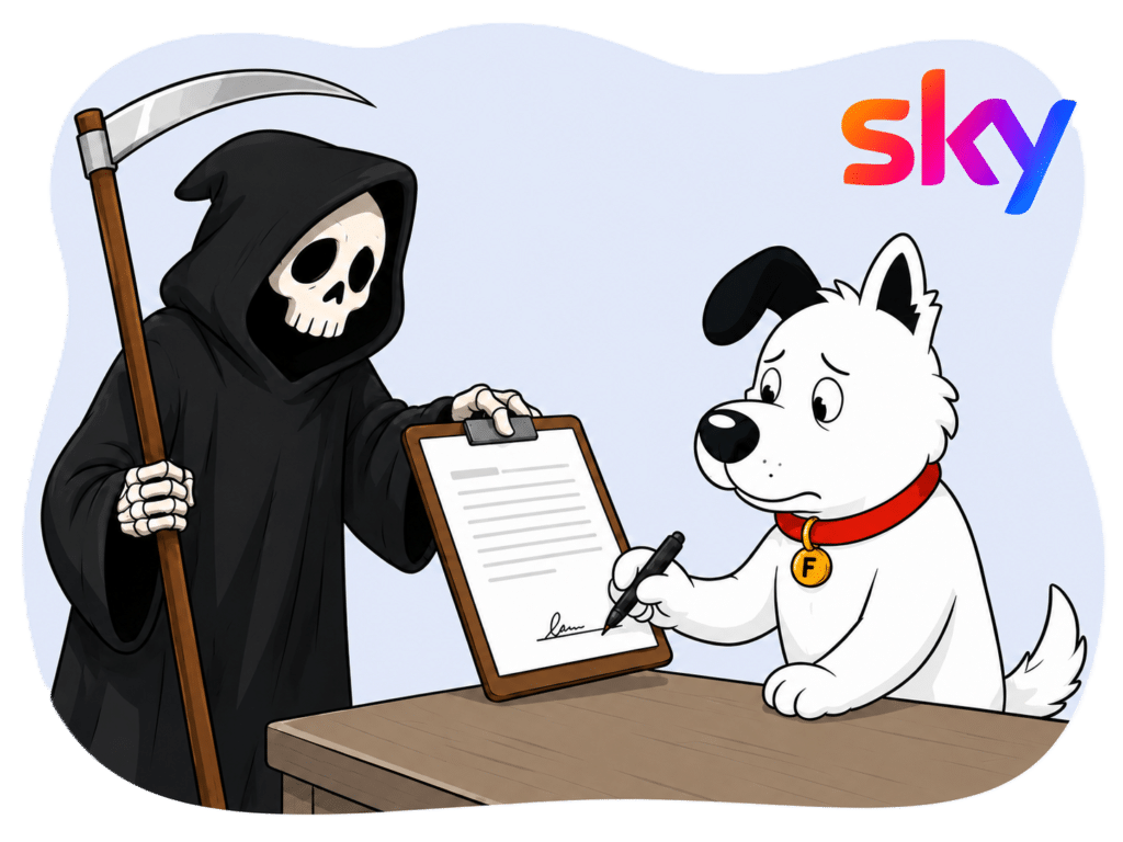 The fibredog mascot dog signing an Sky Broadband contract held out by the grim reaper, denoting that signing without reading all Sky Broadband contracts and small print terms can be risky