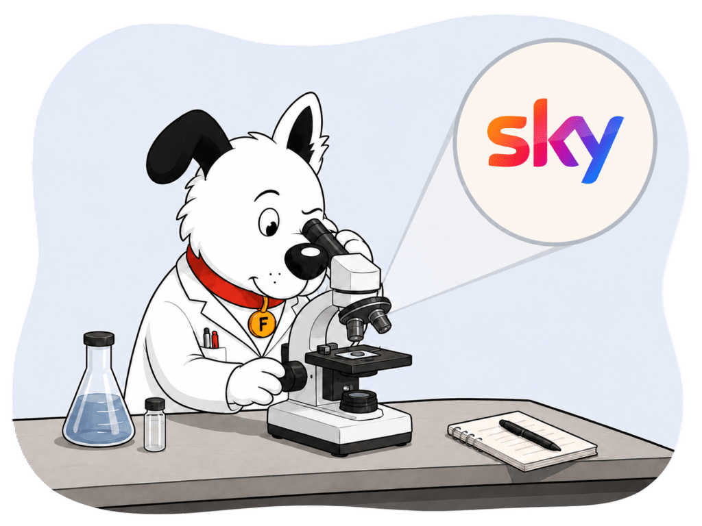 fibredog dog mascot wearing a lab coat and looking at the Sky logo under a microscope to denote our sky broadband review