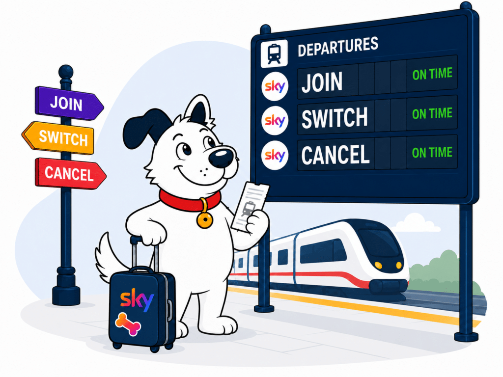 The fibredog mascot dog standing at at train section looking at a sign deciding whether to join Sky broadband, cancel bt broadband, or switch to Sky broadband