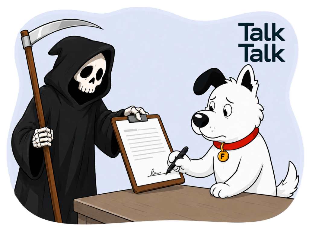 The fibredog mascot dog signing a TalkTalk contract held out by the grim reaper, denoting that signing without reading all TalkTalk contracts and small print terms can be risky