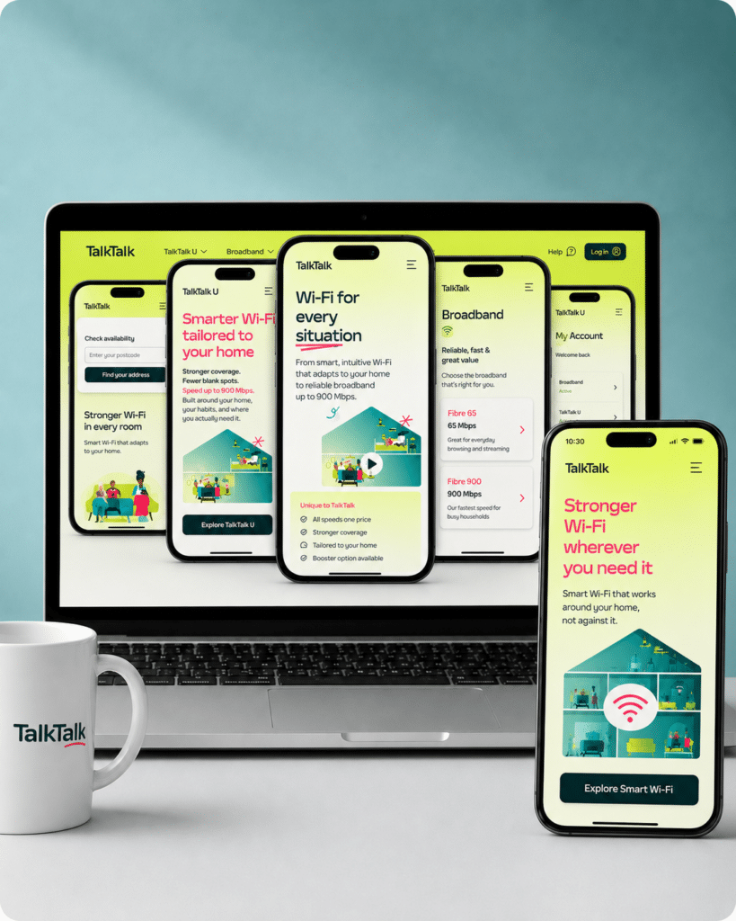 A mug, laptop and phone all displaying talktalk