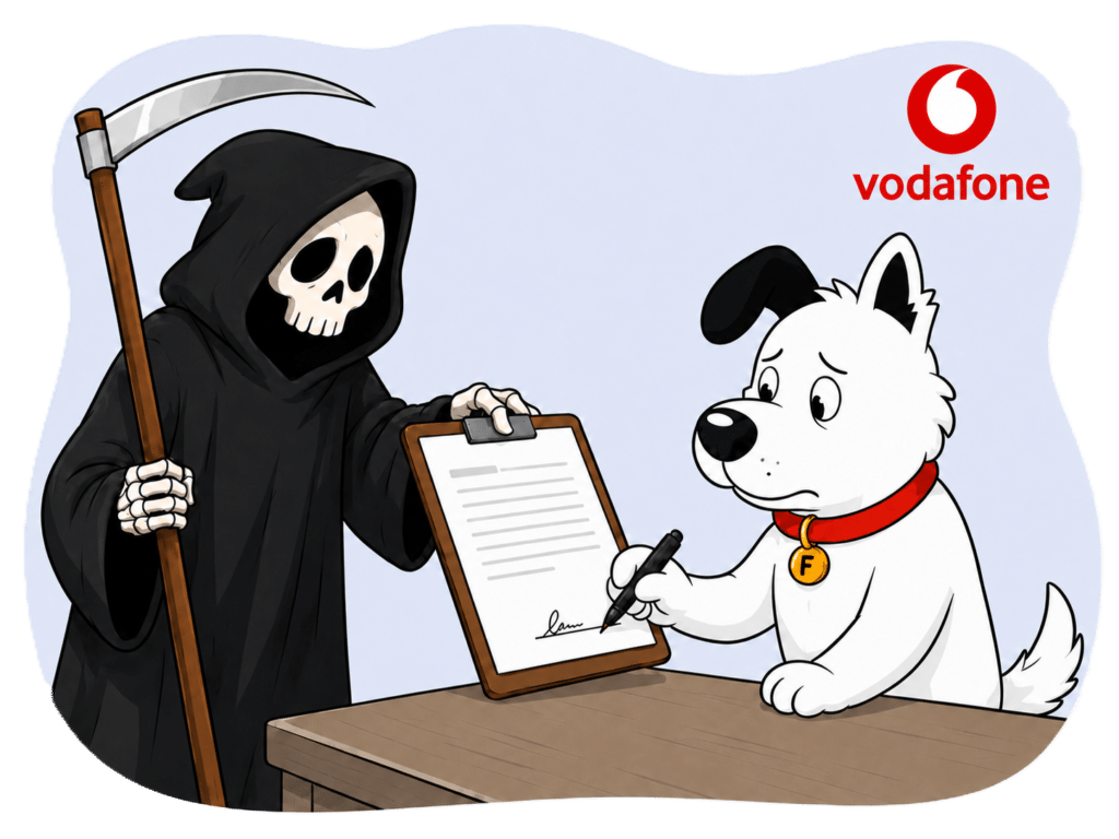 The fibredog mascot dog signing an Vodafone Broadband contract held out by the grim reaper, denoting that signing without reading all Vodafone Broadband contracts and small print terms can be risky