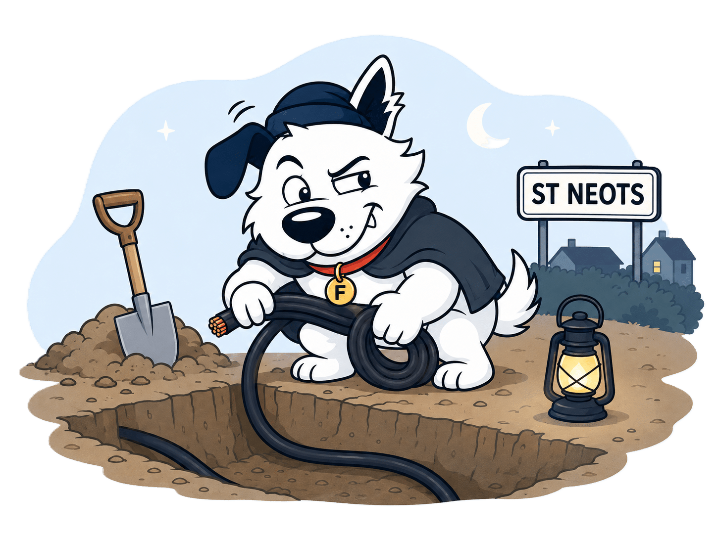 Fibredog mascot stealing cables in St Neots