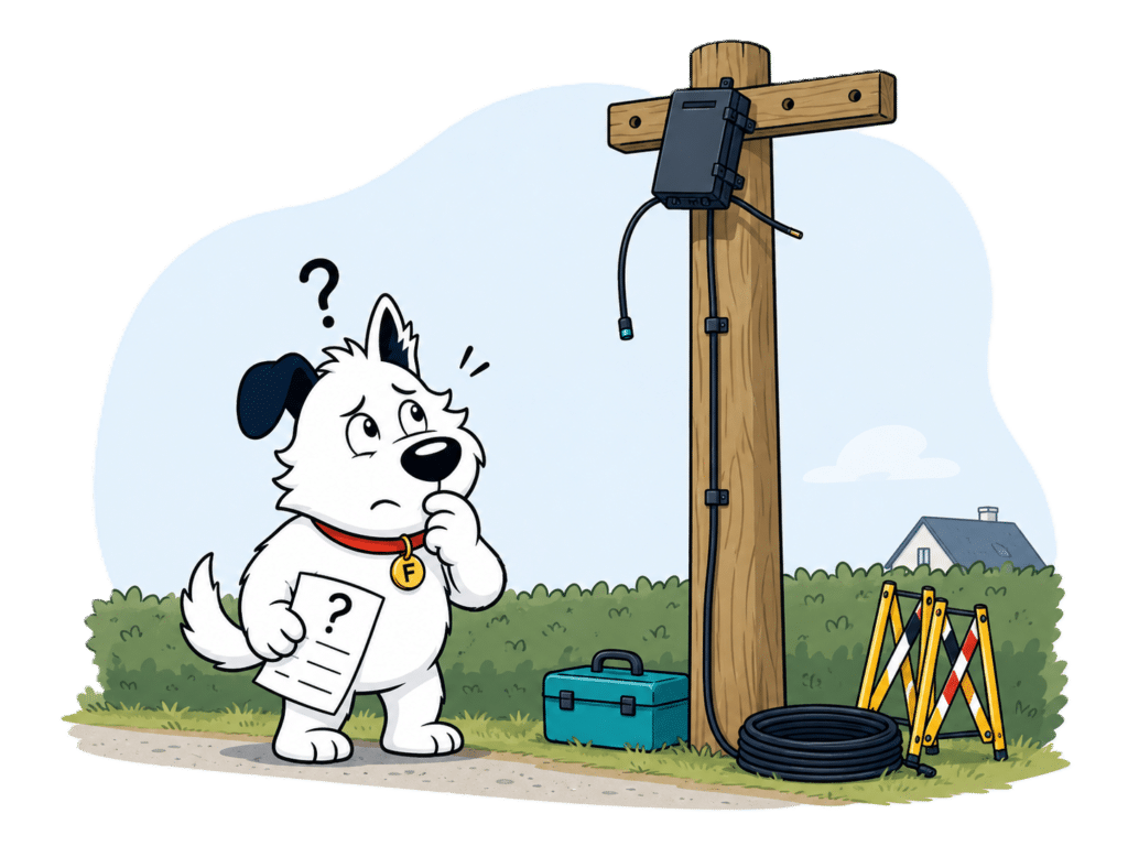 Fibredog mascot worried about local broadband infrastructure