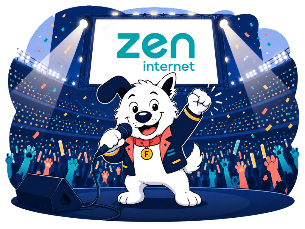 Zen internet large crowd fibredog mascot