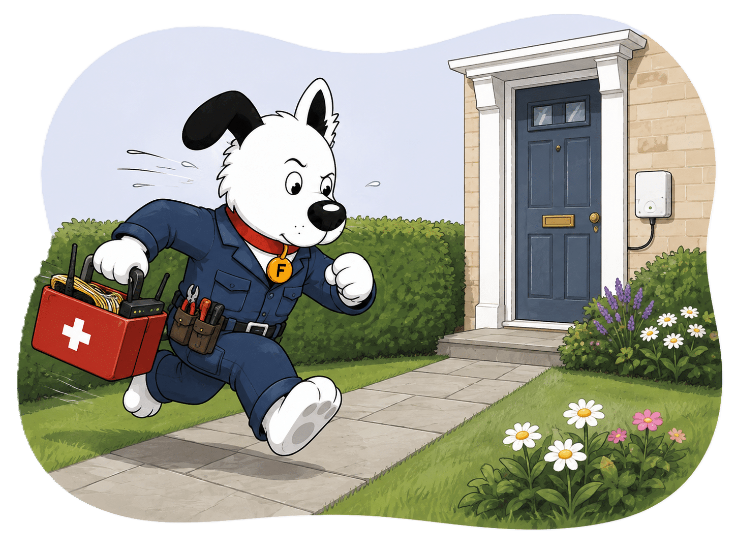 The fibredog mascot dog running to a door with a first aid kit