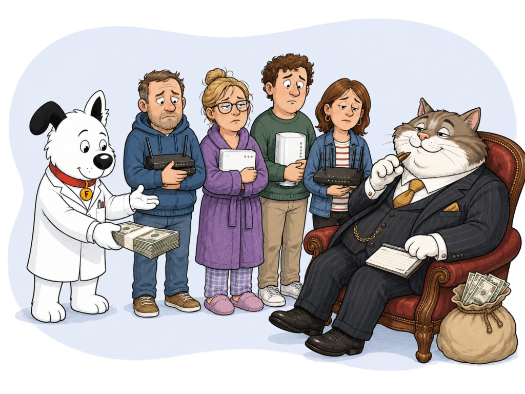 fibredog mascot buying customers from fat cat