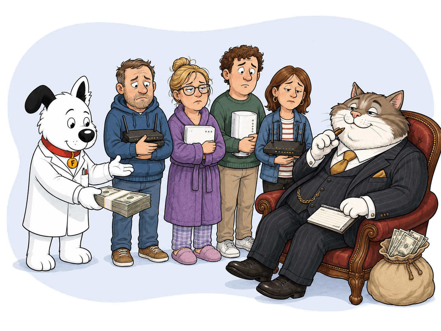 fibredog mascot buying customers from fat cat