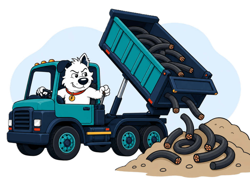 fibredog mascot dumping old copper cables 1
