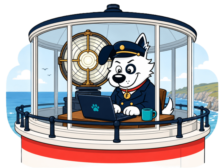 fibredog mascot in portland bill lighthouse