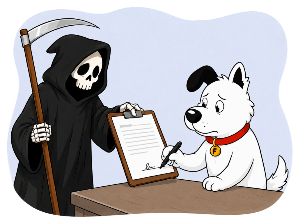 fibredog mascot signing contract with grim reaper