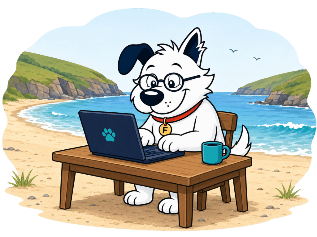 fibredog mascot working on scottiish beach