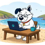 fibredog mascot working on scottiish beach