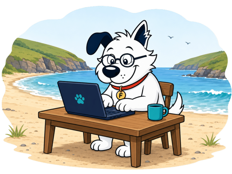 fibredog mascot working on scottiish beach
