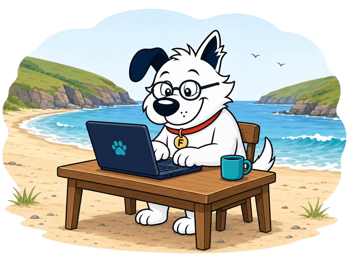 Fibredog Mascot working on Scottish beach
