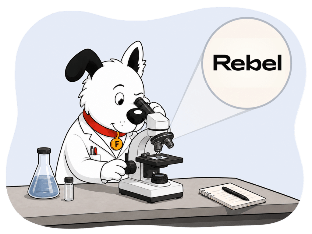 fibredog dog mascot wearing a lab coat and looking at the Rebel logo under a microscope to denote our Rebel Internet review