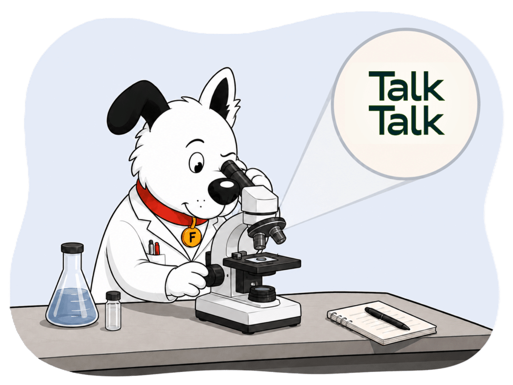 fibredog dog mascot wearing a lab coat and looking at the talktalk logo under a microscope to denote our talktalk broadband review