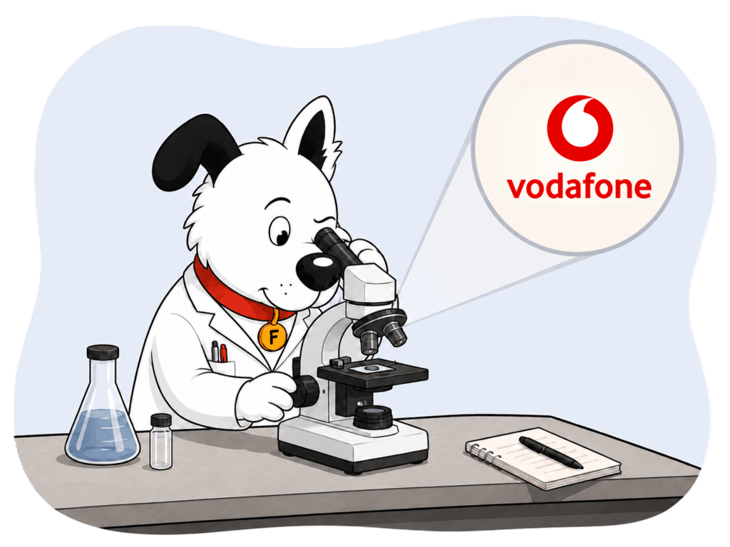 fibredog dog mascot wearing a lab coat and looking at the vodafone logo under a microscope to denote our vodafone broadband review