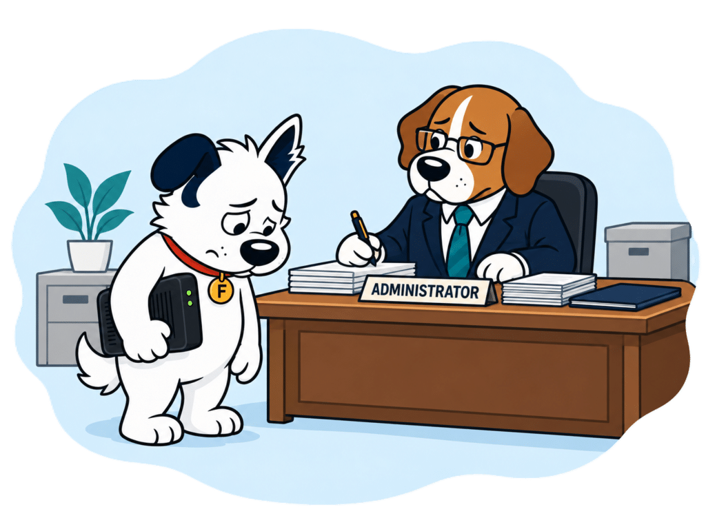 Fibredog mascot at administrators desk