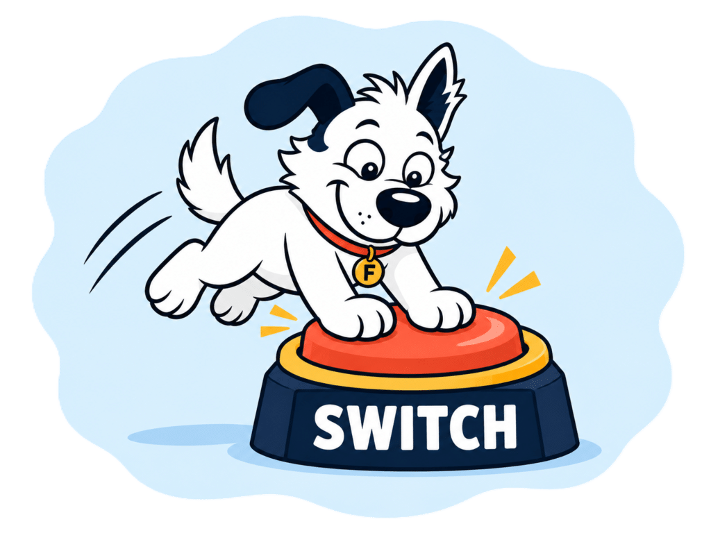 Fibredog mascot hitting giant switch button