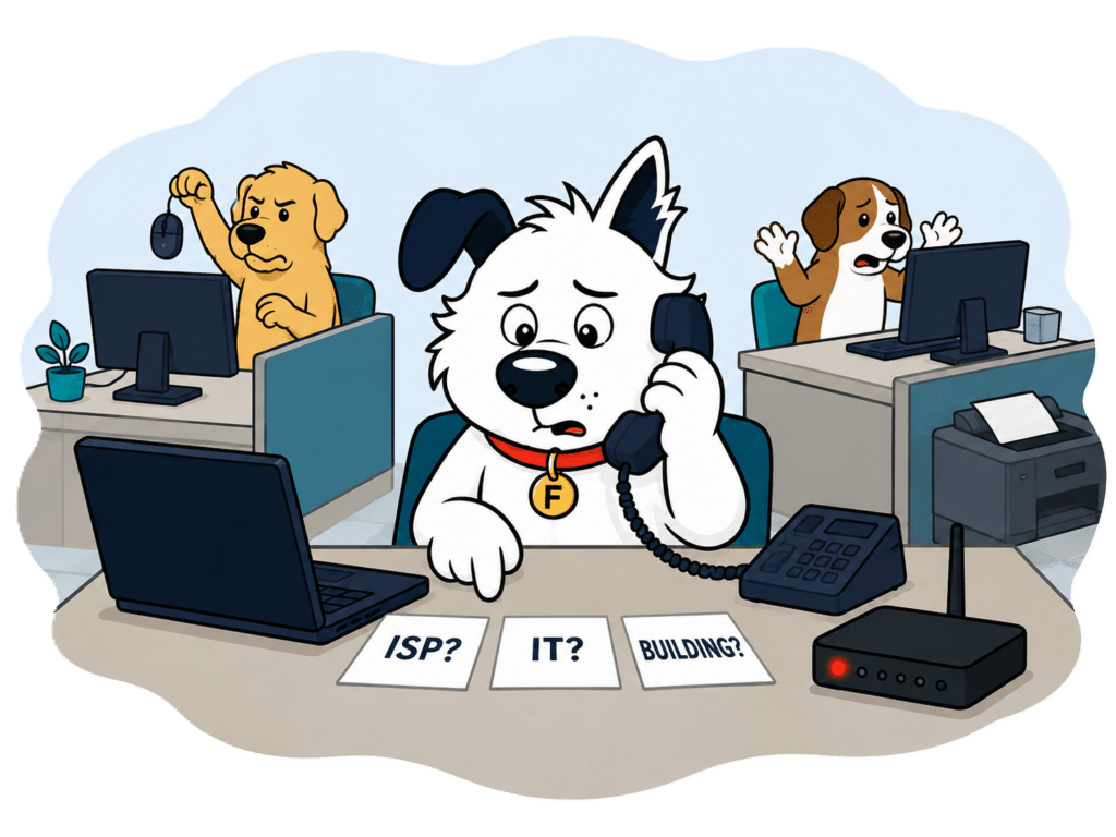 Fibredog mascot in office where broadband is down