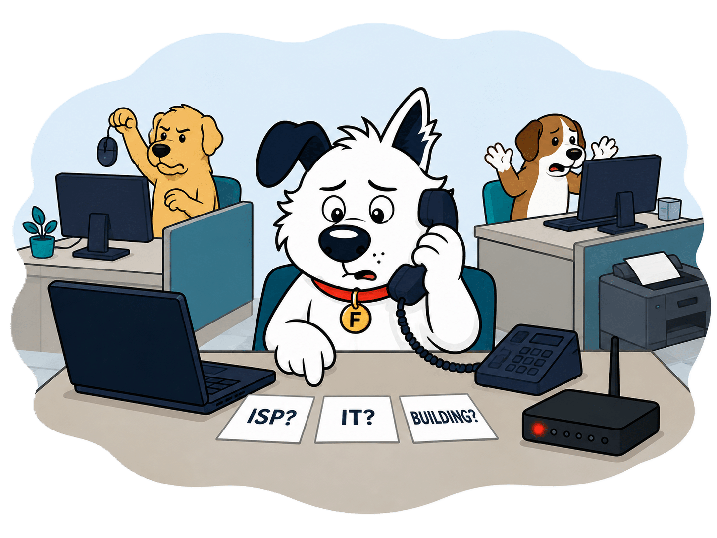 Fibredog mascot in office where broadband is down