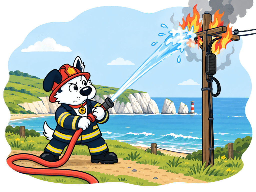 Fibredog mascot putting out broadband fire on the isle of wight