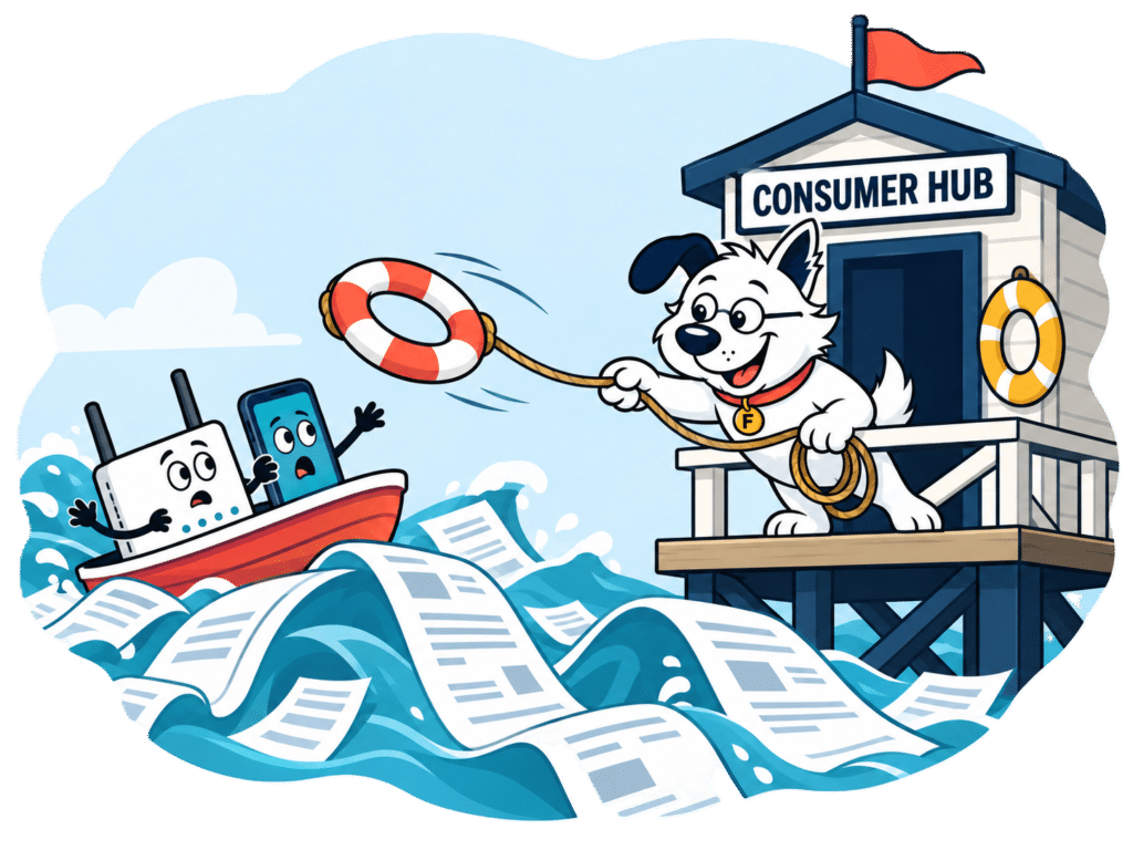 Fibredog mascot rescuting broadband routers