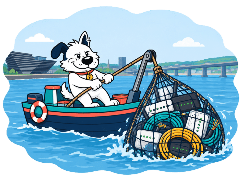 Fibredog mascot trawling a big catch