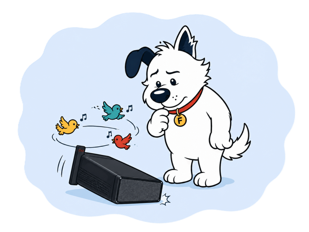 fibrediog mascot next to fallen over virgin router