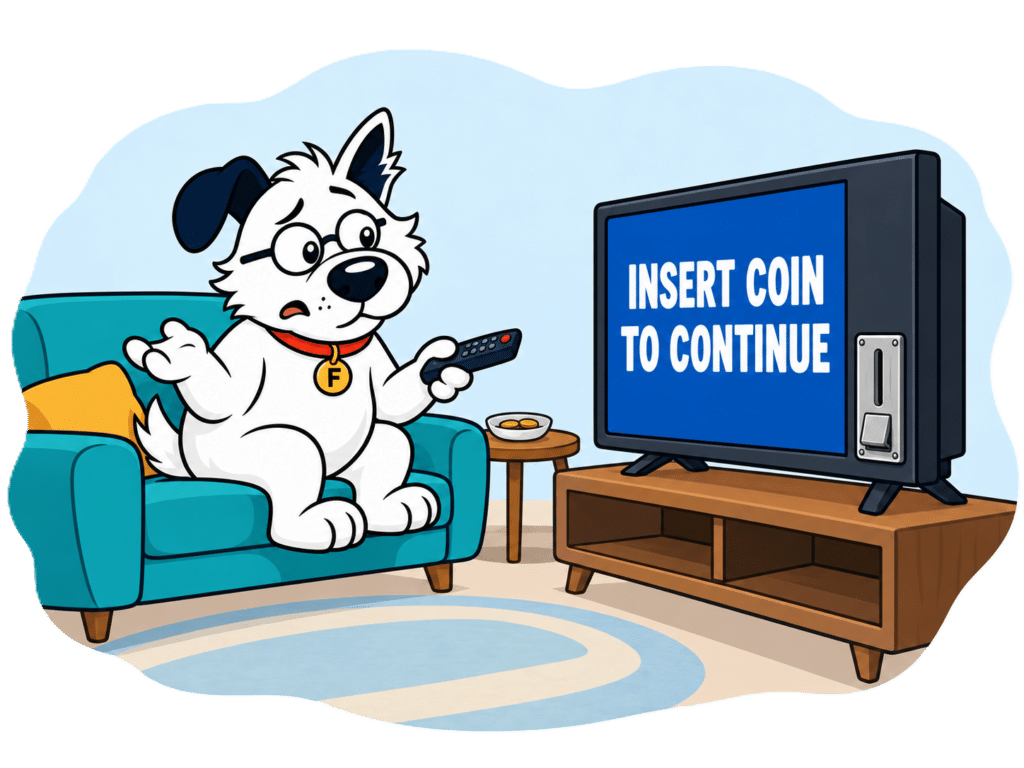 fibredog mascot in front of coin operated TV