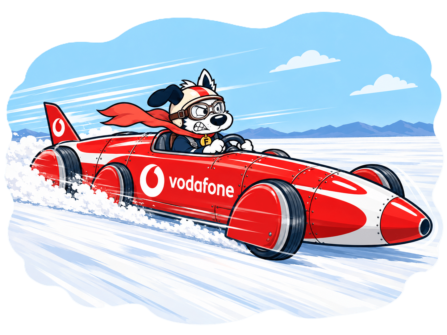 Fibredog mascot in Vodafone speed record car