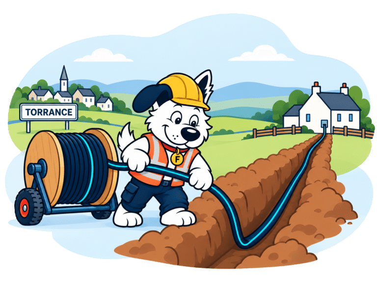 Fibredog masccot laying fibre cable in Torrance