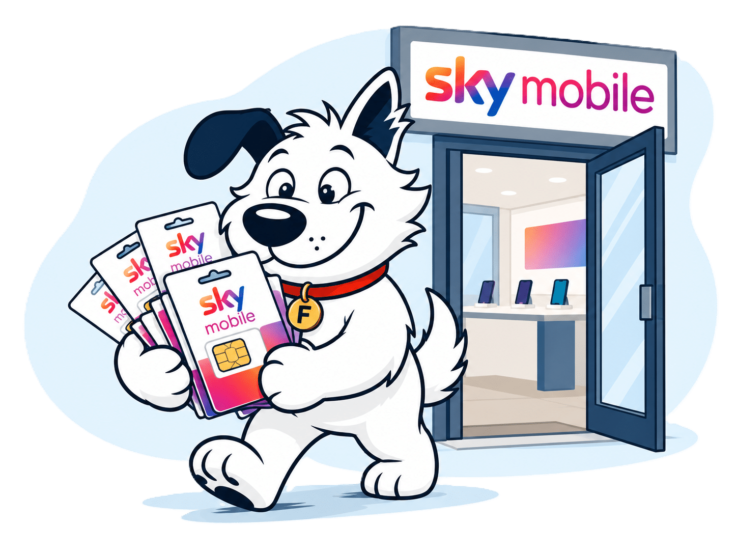 Fibredog mascot with Sky mobile sims