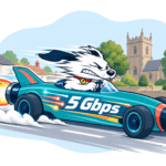 Fibredog mascot in jet powered car