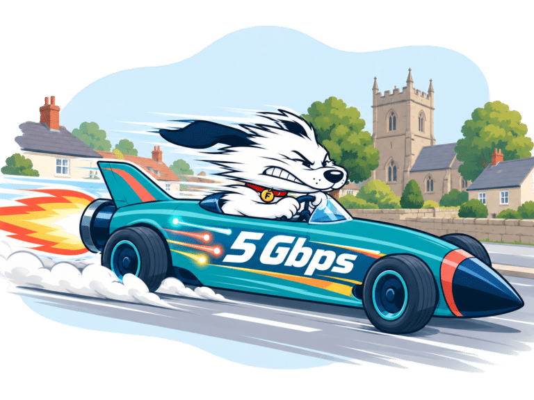 Fibredog mascot in jet powered car