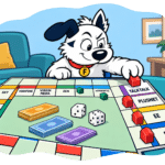 Fibredog mascot playing monopoly