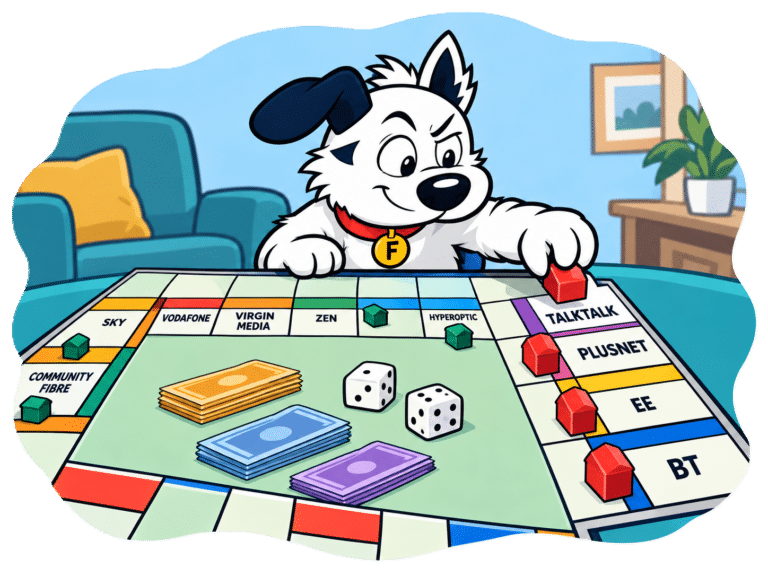 Fibredog mascot playing monopoly